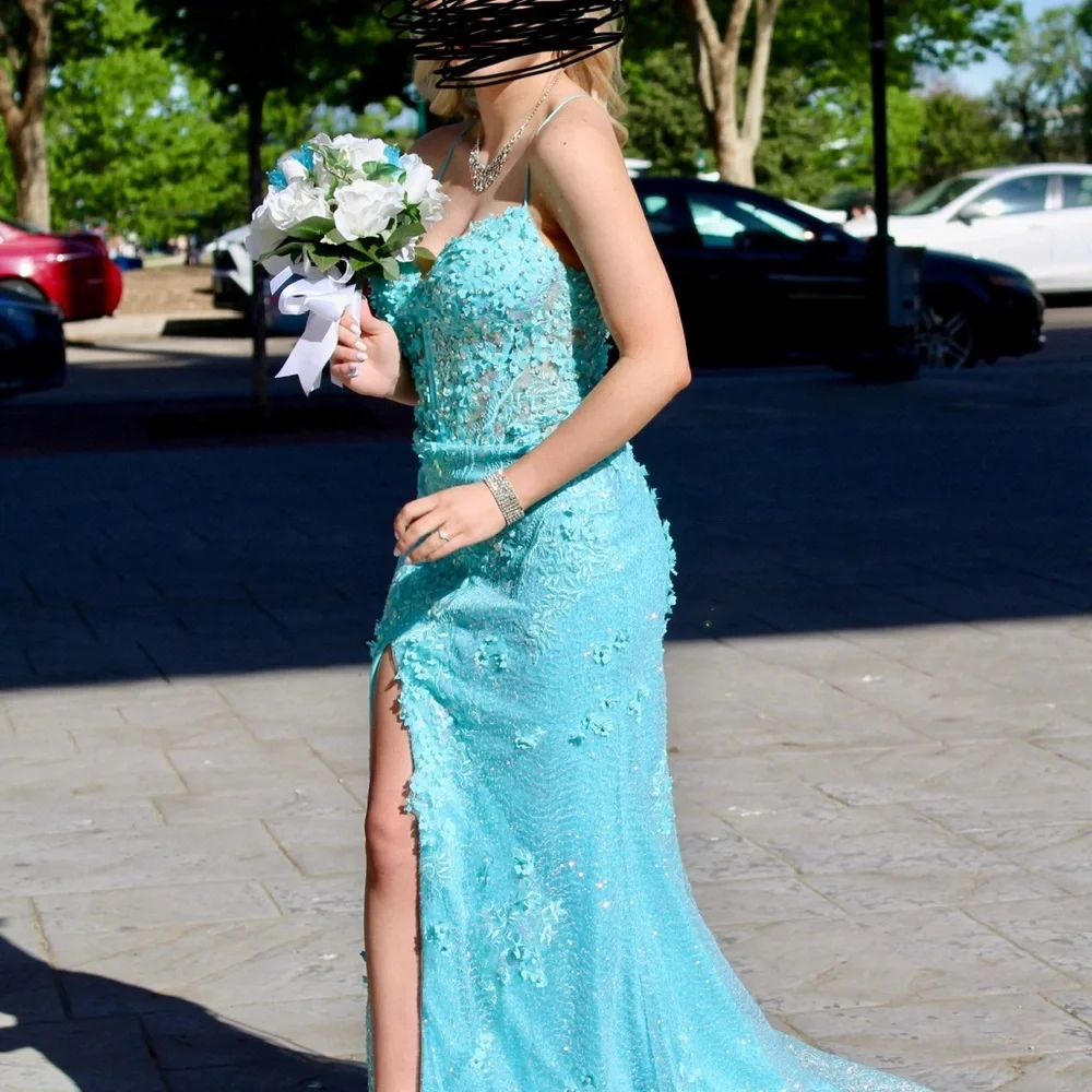 Rachel Allan Blue Sequin Gown with Slit for Prom - Picture 2 of 3